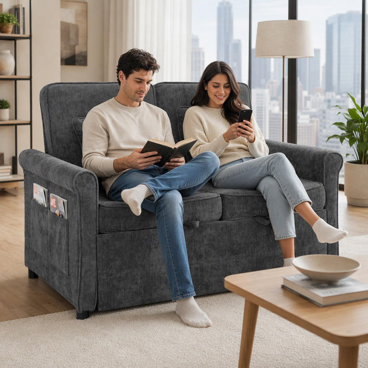 Homcom 2 Seater Sofa Bed Convertible Chenille Sleeper With Wheels Grey