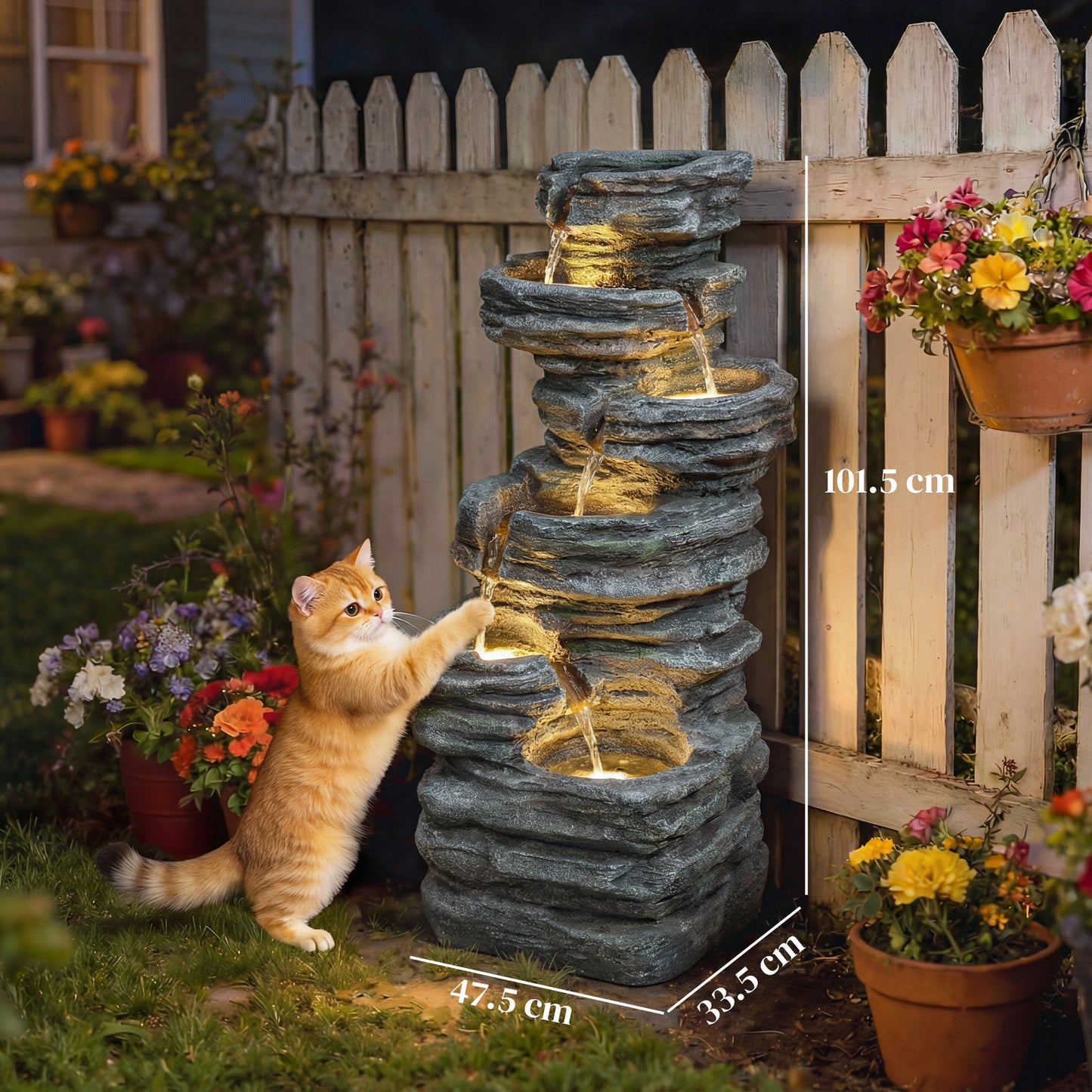 Outsunny 6 Tier Cascading Garden Fountain LED Lights Resin Freestanding Grey Outdoor Water Feature