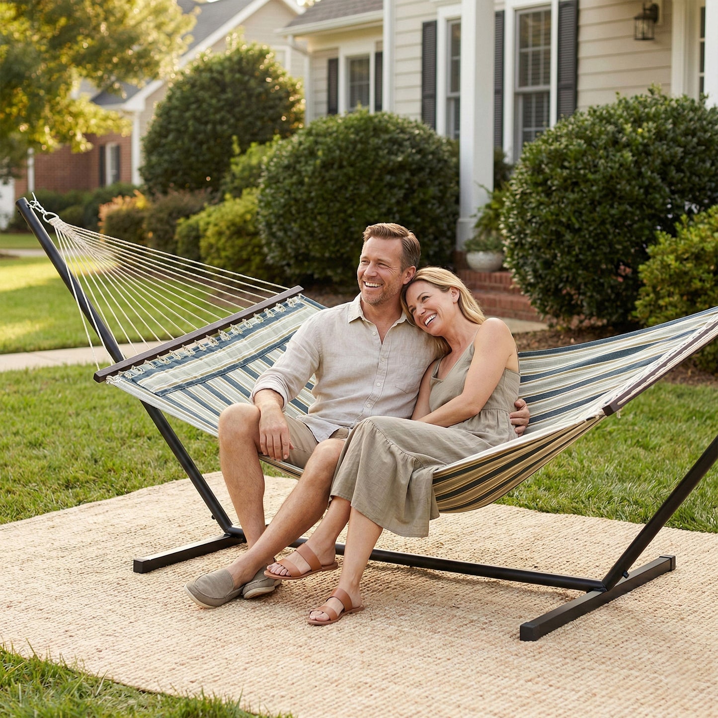 Outsunny Outdoor Hammock With Stand Detachable Pillow Striped Swing Steel Frame Green For Garden And Patio