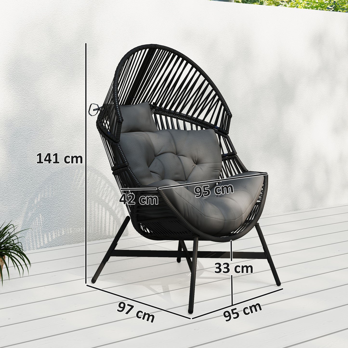 Outsunny Rattan Egg Chair Oversized Freestanding Garden Chair with Thick Tufted Cushion and Headrest Charcoal Grey