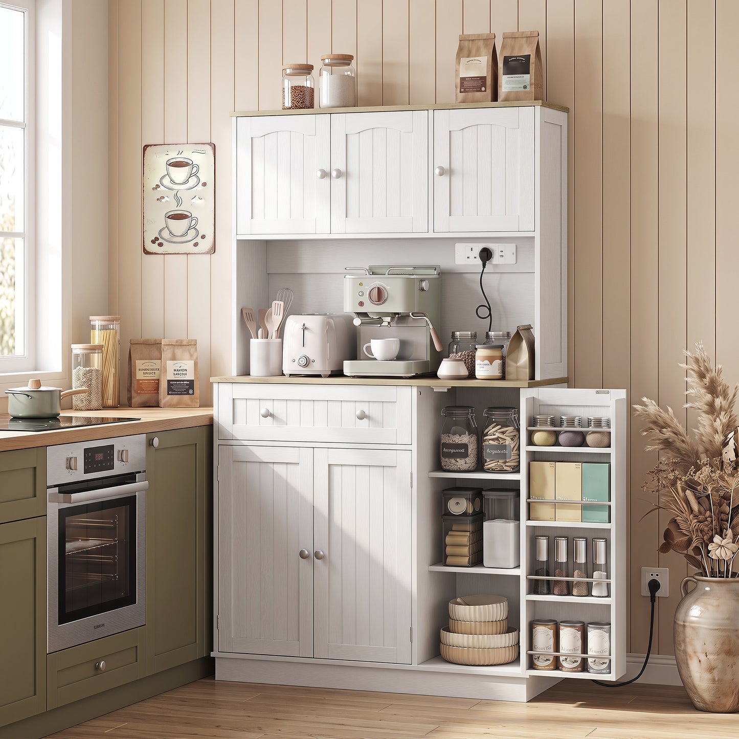 Tall Kitchen Pantry Cabinet With Charging Station And Adjustable Shelves