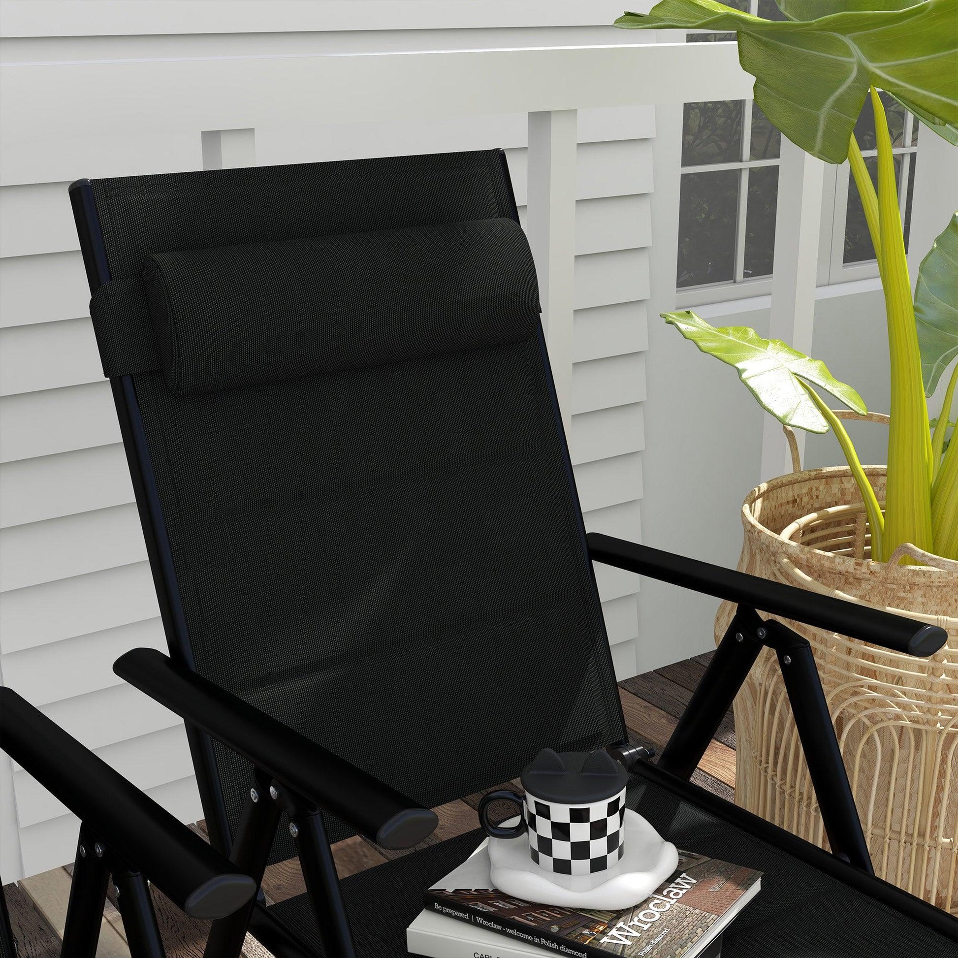 Outsunny Set of 2 Patio Folding Chairs w/ Adjustable Back, Garden Dining Chairs w/ Breathable Mesh Fabric Padded Seat, Backrest, Headrest, Black - ALL4U RETAILER LTD