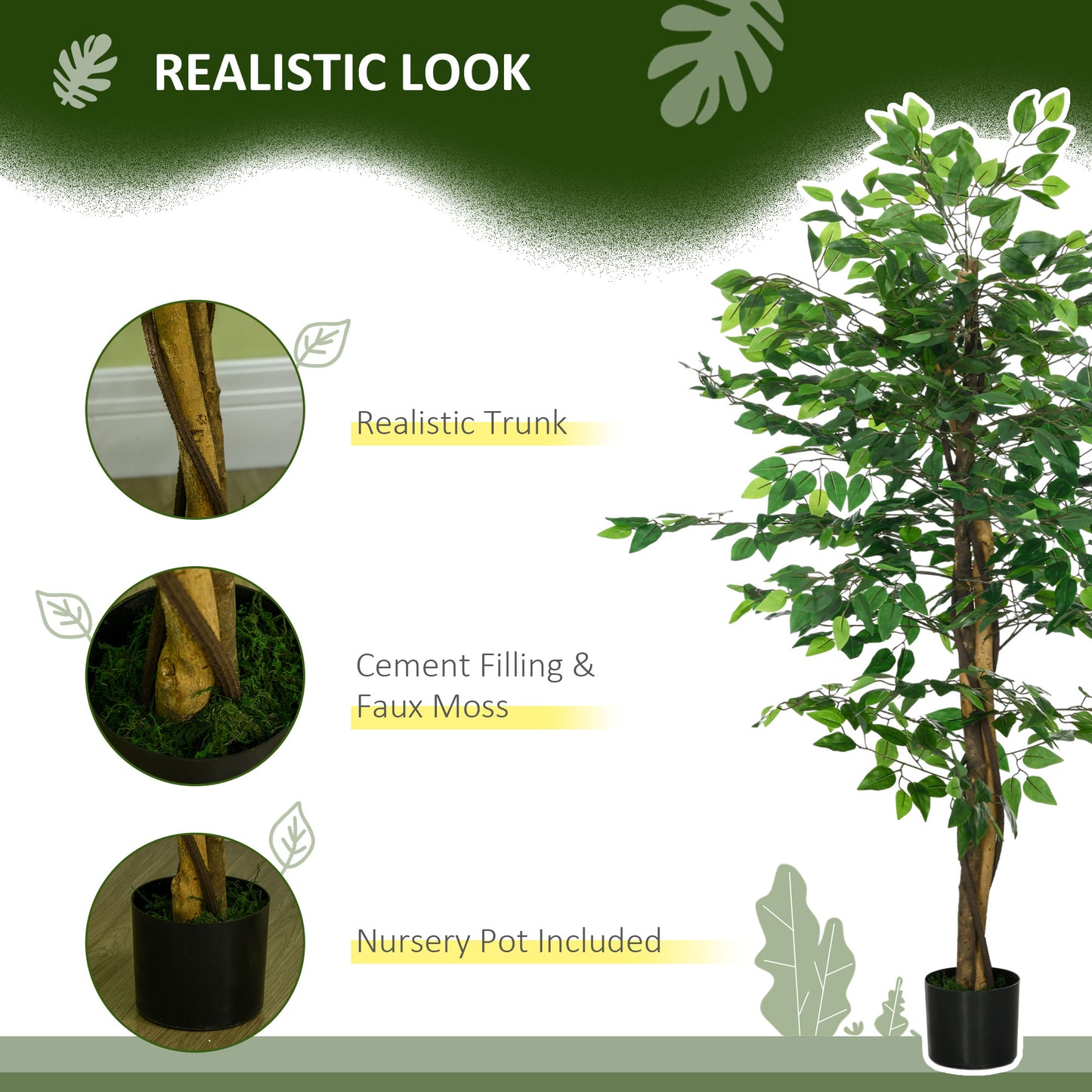 HOMCOM Artificial Ficus Tree in Weighted Pot, Low Maintenance Faux Plant for Home Decor, Ready to Use