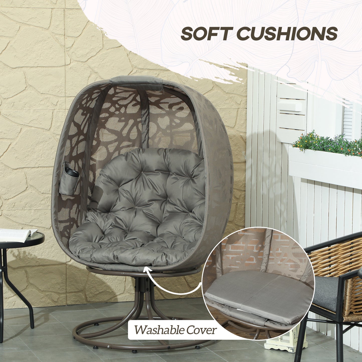 Outsunny Swivel Egg Chair With Cushions And Metal Frame Foldable Basket Seat Indoor Outdoor Lounge Chair Sand Brown