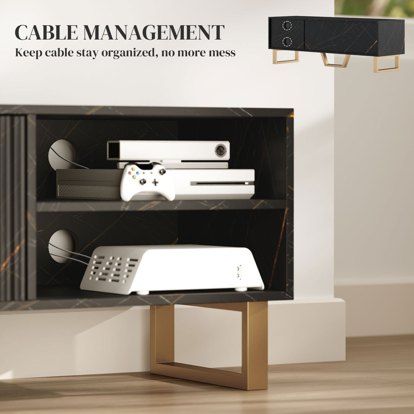 HOMCOM Marble Effect TV Unit For Up To 70 Inch TVs Black With Fluted Doors Shelves Storage Cupboard And Cable Management