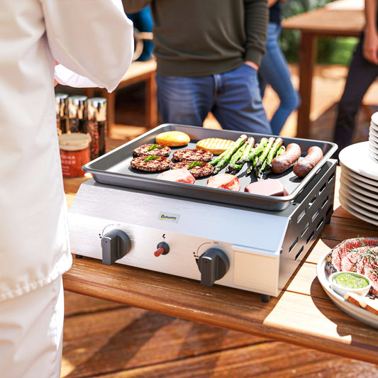 Outsunny Two Burner Portable Gas Grill With Adjustable Two Point Four Kilowatt Burners And Pull Out Grease Tray