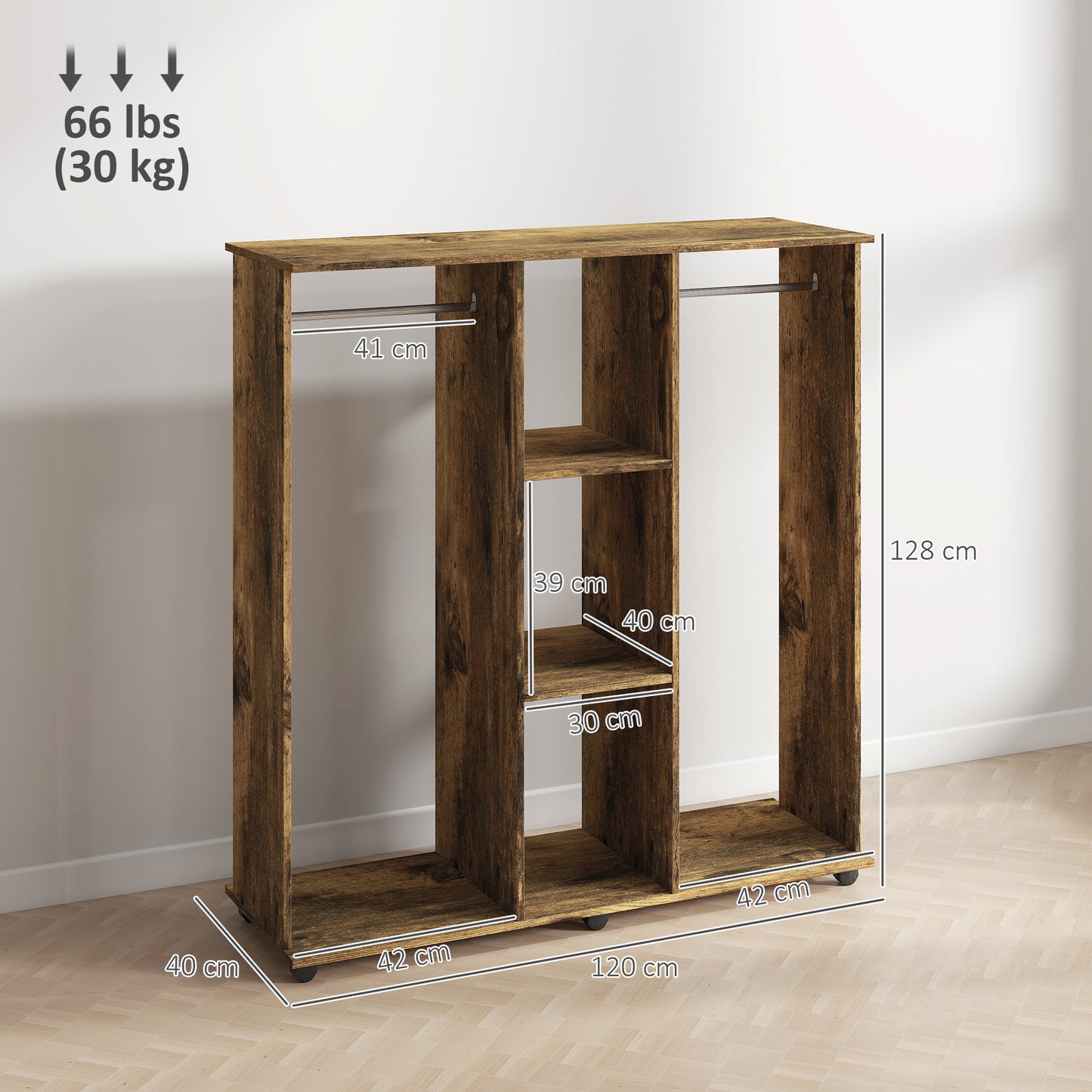 HOMCOM Open Wardrobe Double Mobile Storage Shelves Organizer With 6 Wheels Rustic Brown