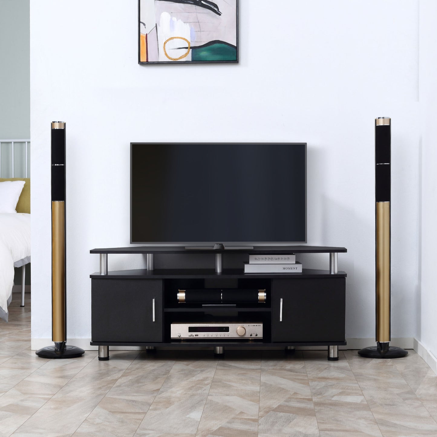 HOMCOM TV Unit Cabinet For TVs Up To 55 Inches With 120 Cm Top Shelf And Two Storage Cupboards For Living Room Black