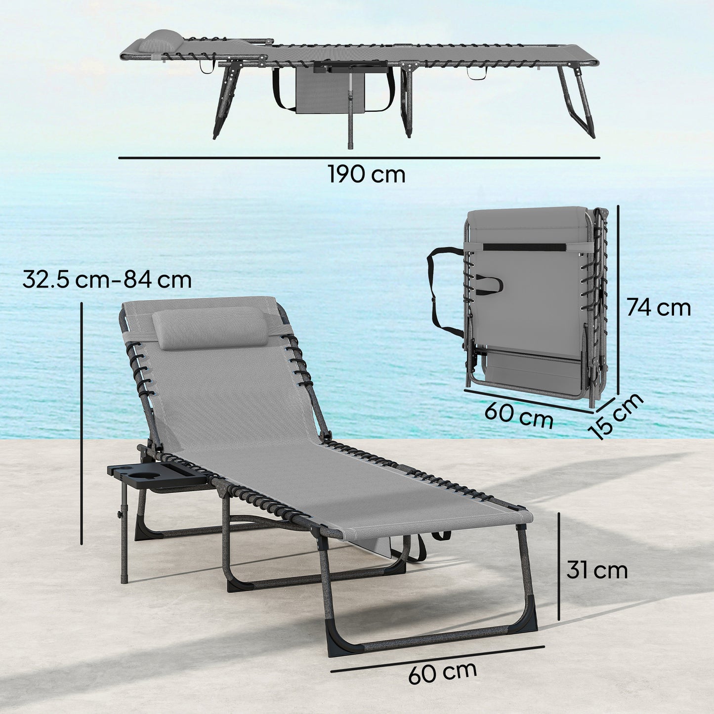 Outsunny Five Position Reclining Sun Loungers Set Of 2 Grey Outdoor Sun Loungers With Removable Pillow
