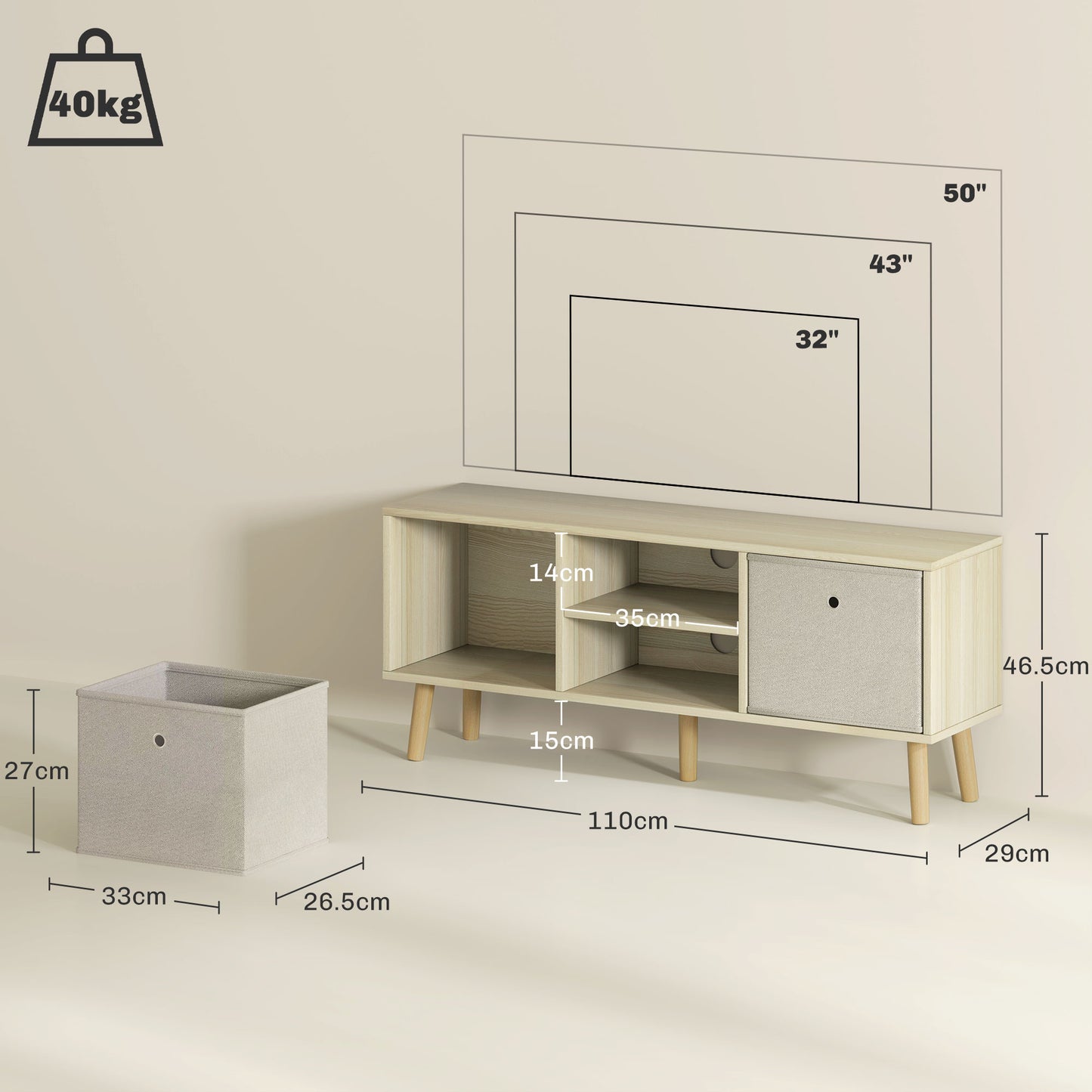 HOMCOM TV Cabinet Stand for TVs Up To 50 Inches with Foldable Drawers Natural Finish Living Room Entertainment Center