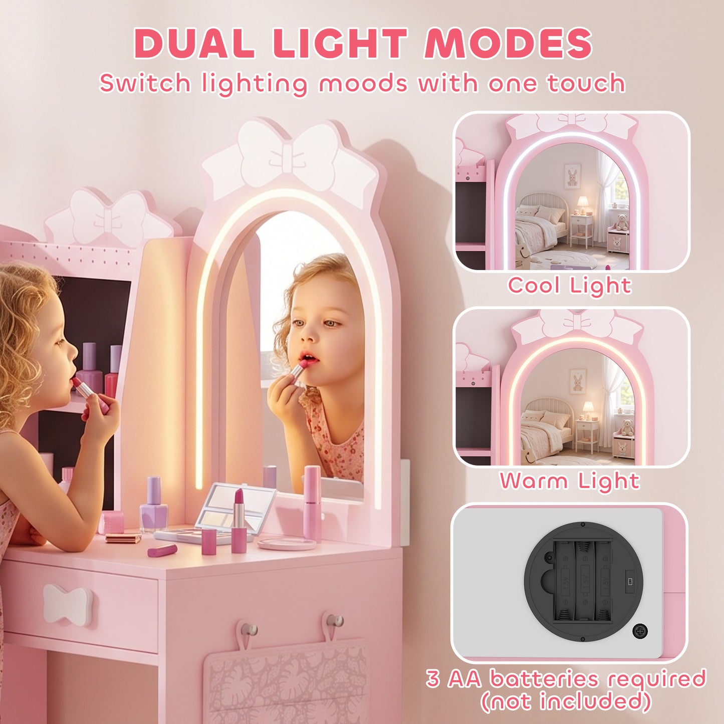 Aiplay Girls Dressing Table With Stool And Dual Color Light Mirror