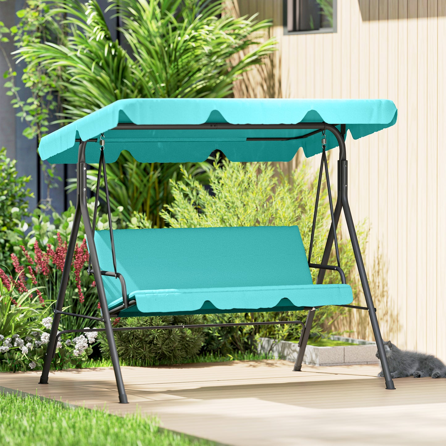 Outsunny Three Seater Garden Swing Chair With Adjustable Canopy Blue Cushioned Seat And High Back