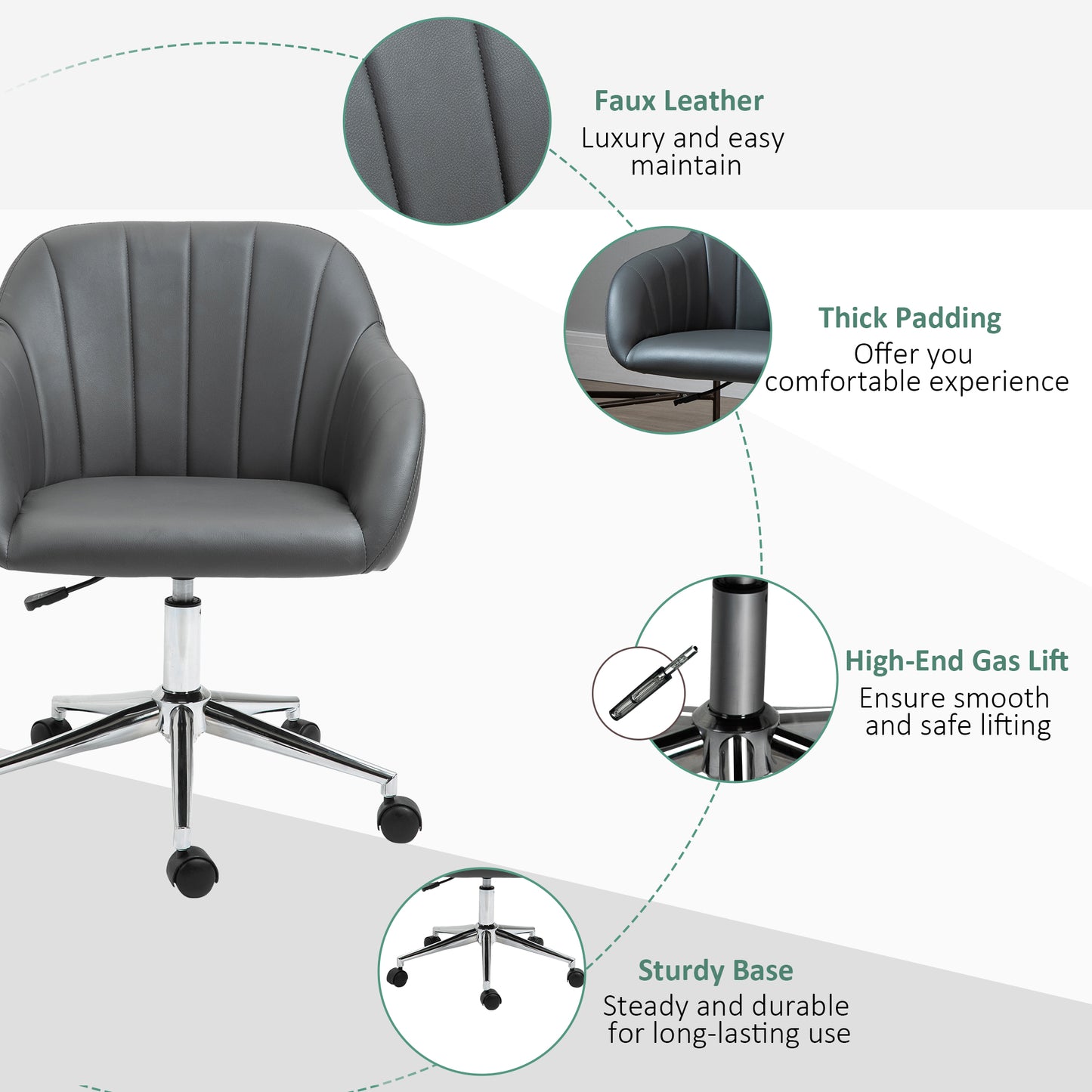 Vinsetto Stylish Grey Faux Leather Swivel Office Chair with Ergonomic Design and Armrests for Home and Office Use - ALL4U RETAILER LTD