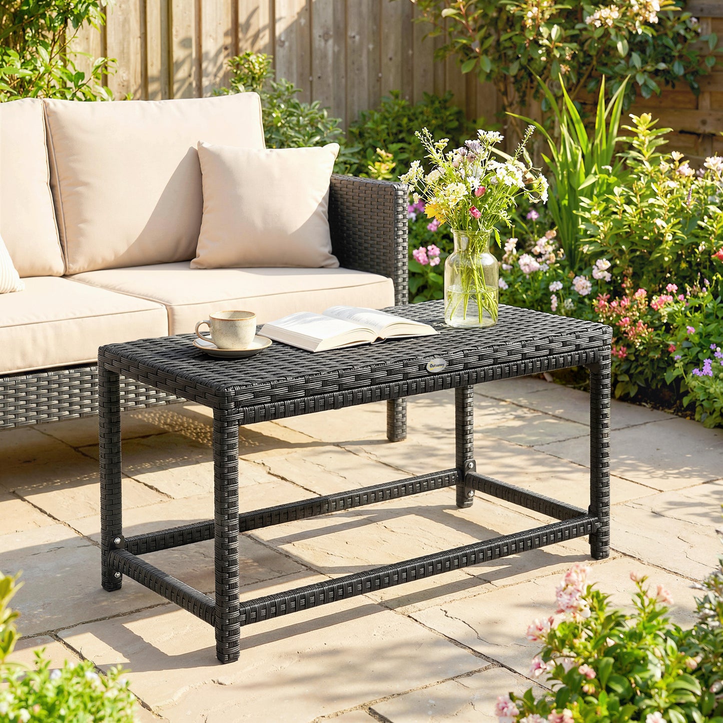Outsunny Outdoor Coffee Table With Rectangular Frame And Rattan Tabletop Black Patio Side Table For Balcony