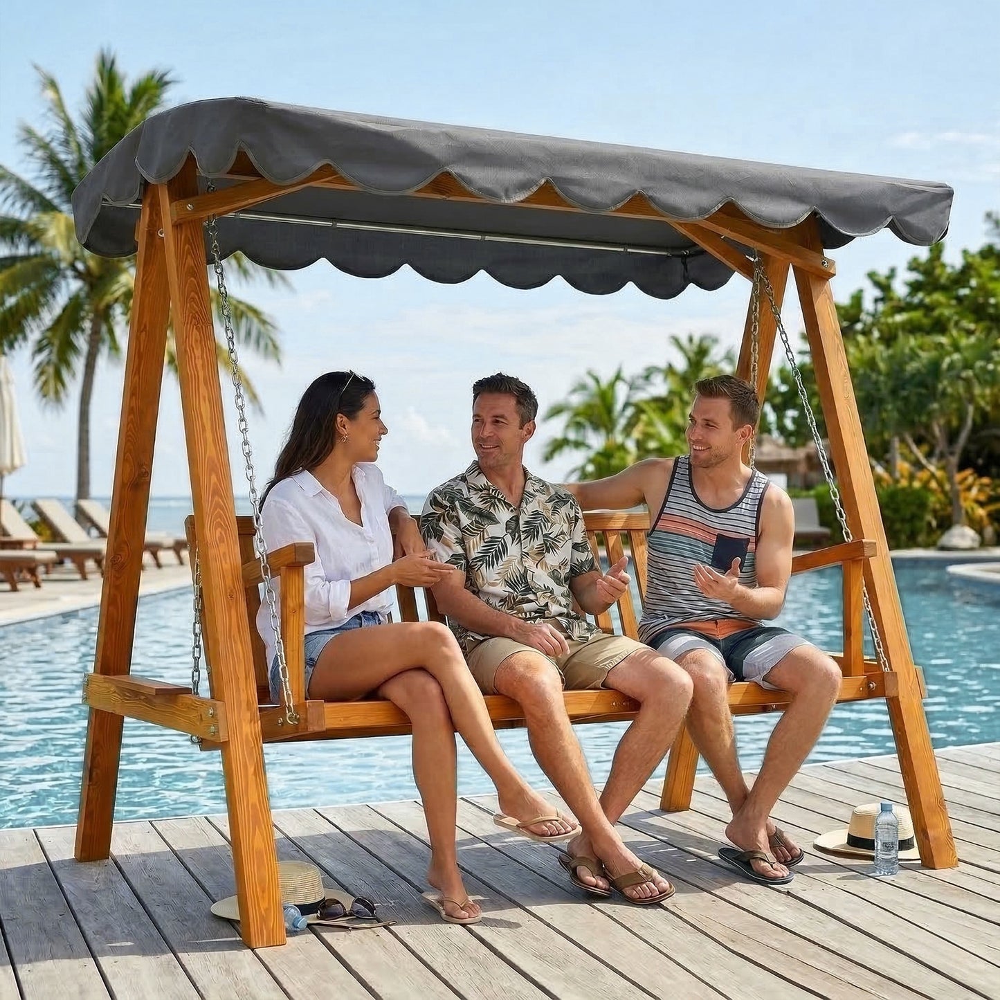 Outsunny 3 Seater Garden Swing Chair With Canopy Outdoor Wooden Swing Hammock Bench Balcony Patio Porch Dark Grey
