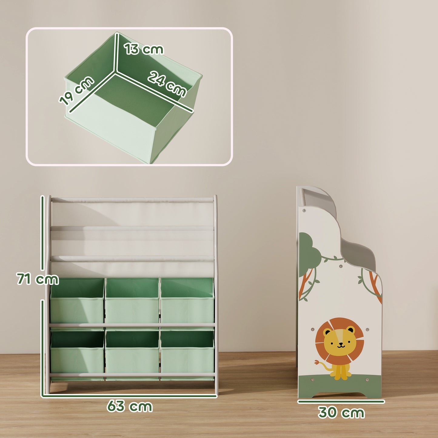 AIYAPLAY Kids Toy Storage Unit With 6 Fabric Drawers And 2 Tier Sling Book Rack For Bedroom Playroom Nursery Green