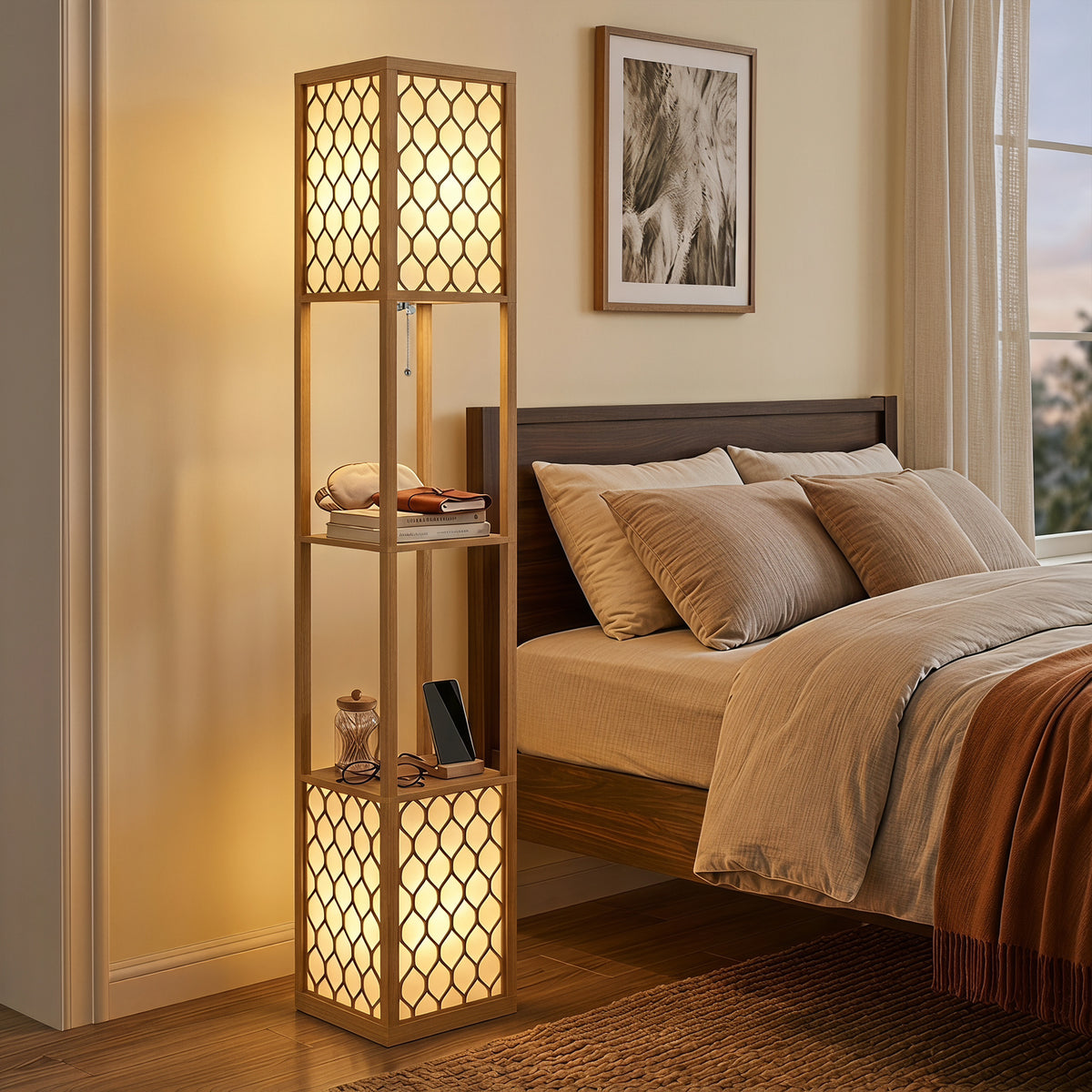 Dual head floor lamp with lattice wood shade panels and built-in storage shelves