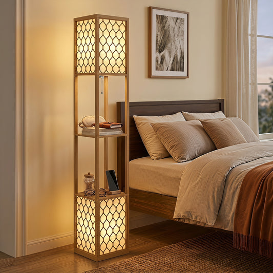 Dual head floor lamp with lattice wood shade panels and built-in storage shelves