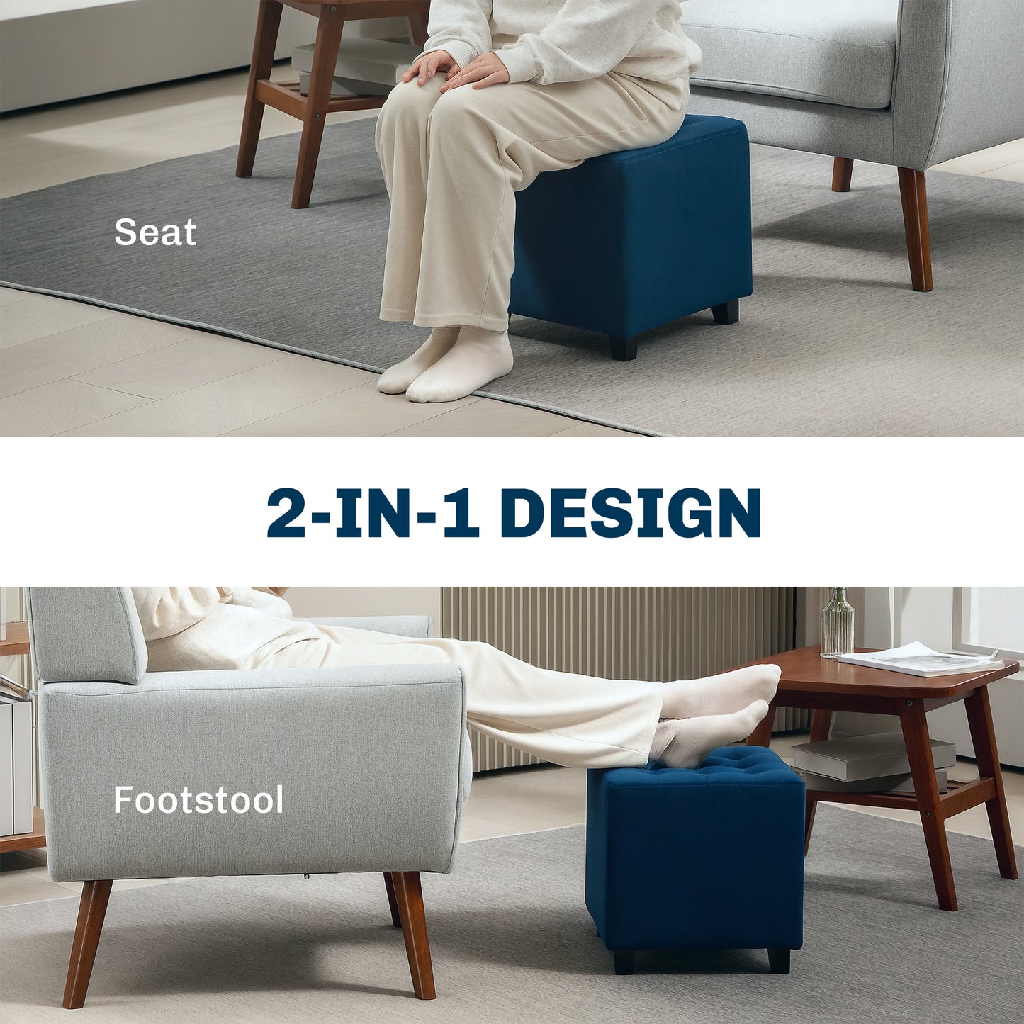 HOMCOM Velvet Feel Square Ottoman Blue 35x35cm Lightweight Pouffe Stool For Extra Seating And Footrest