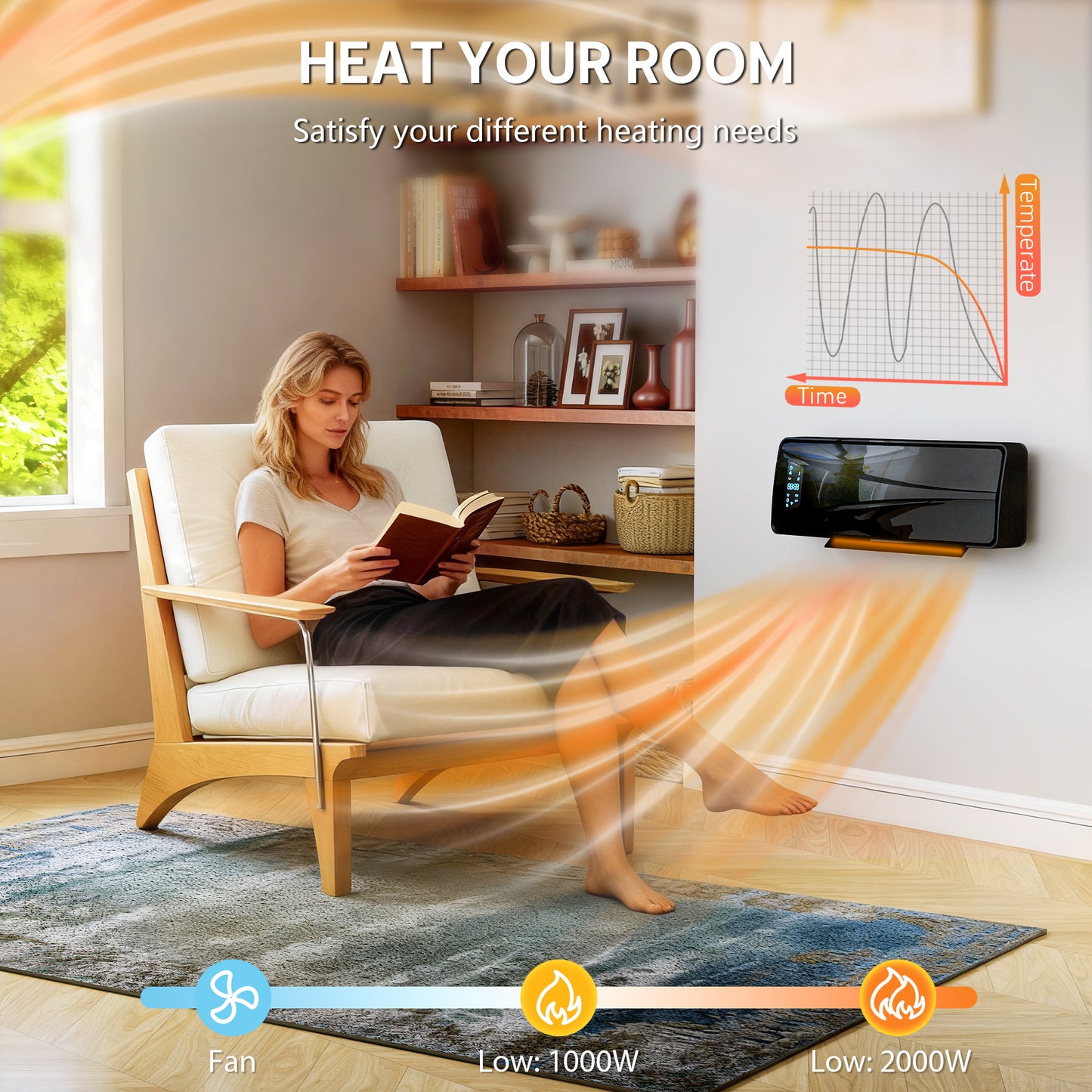 HOMCOM 2000W Ceramic Electric Space Heater With Fan And Adjustable Thermostat Wall Mounted Black