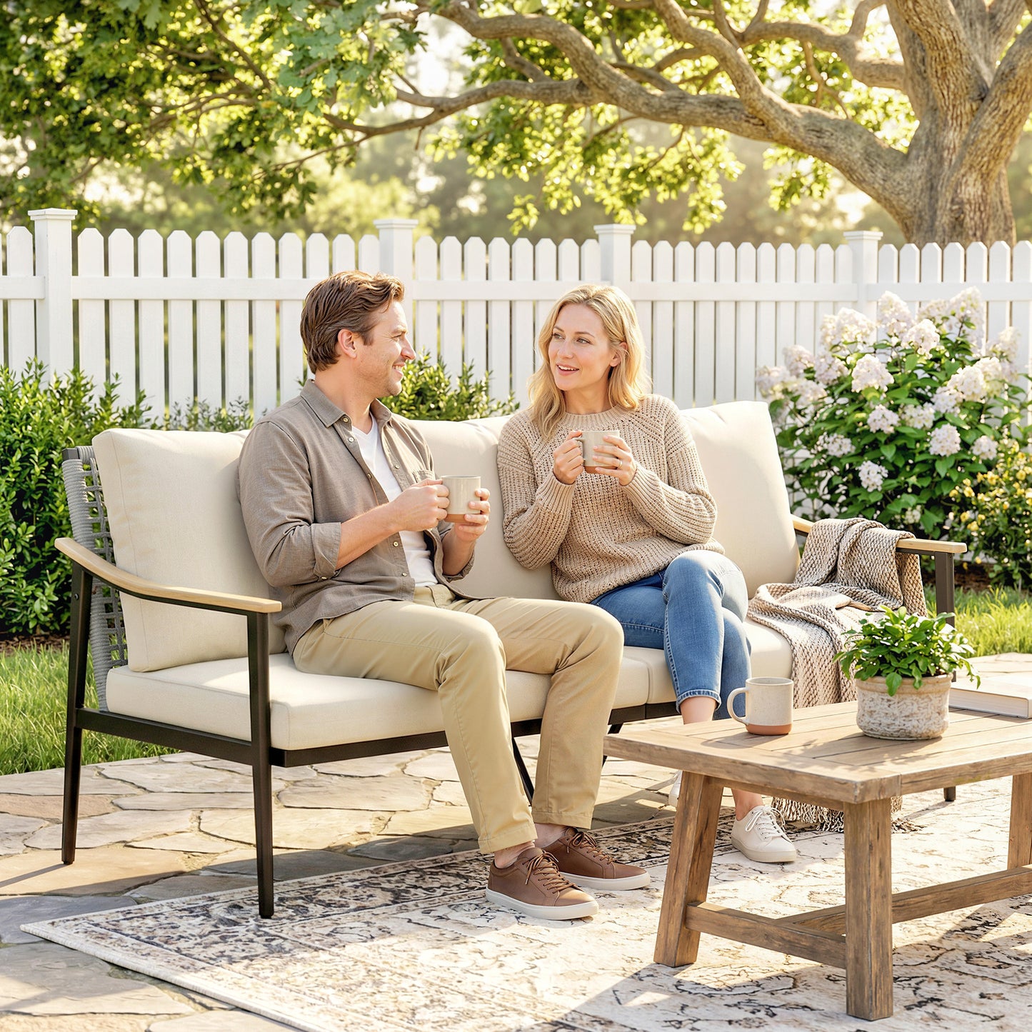 Outsunny 3 Seater Rattan Sofa Outdoor Garden Sofa With Wood Effect Armrests Cushions For Patio Balcony Khaki