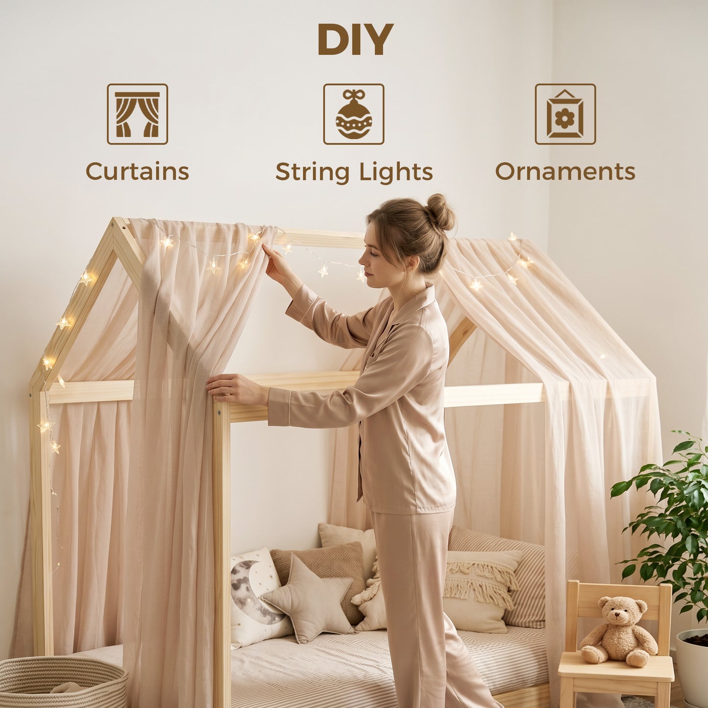 HOMCOM Single Bed Frame House Shaped Scandinavian Wooden Bed Frame for 90W x 190Dcm Mattress Pine Wood Natural Finish