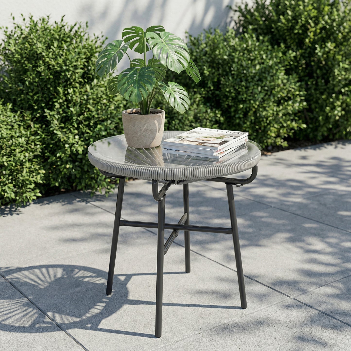 Outsunny Rattan Side Table Round Outdoor Coffee Table With PE Rattan And Tempered Glass Tabletop Light Grey