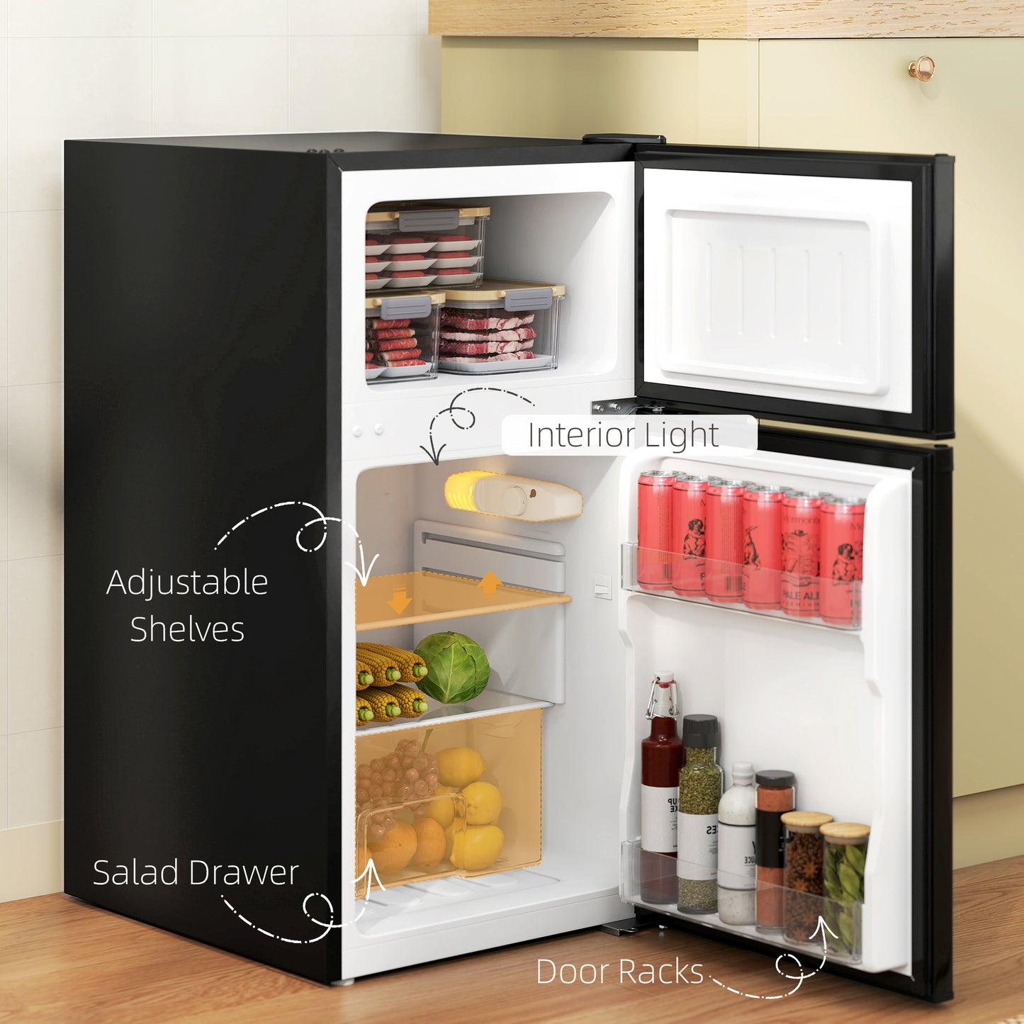 HOMCOM 88L Under Counter Fridge Freezer Black 25L Freezer 63L Fridge 5 Setting Temperature