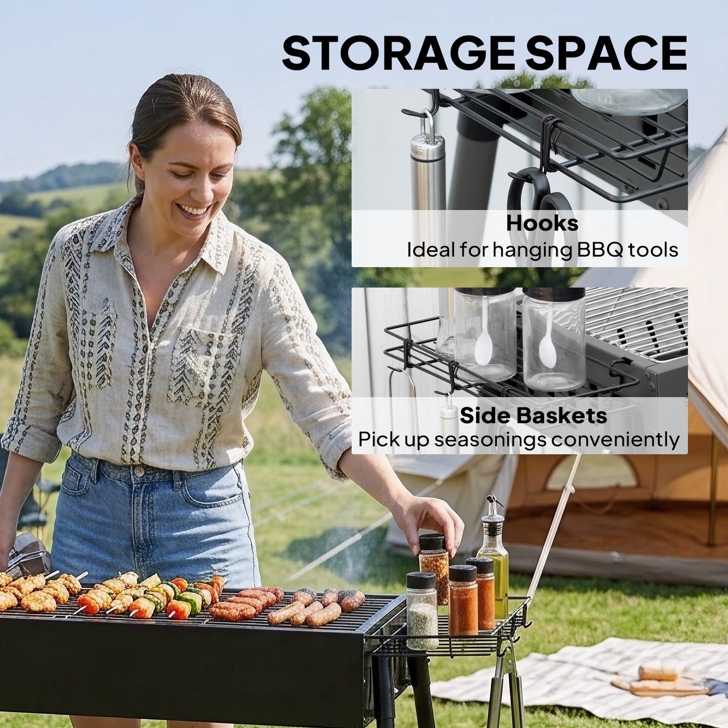 Outsunny Portable Charcoal BBQ Grill With Seasoning Baskets For Camping Picnics And Hiking