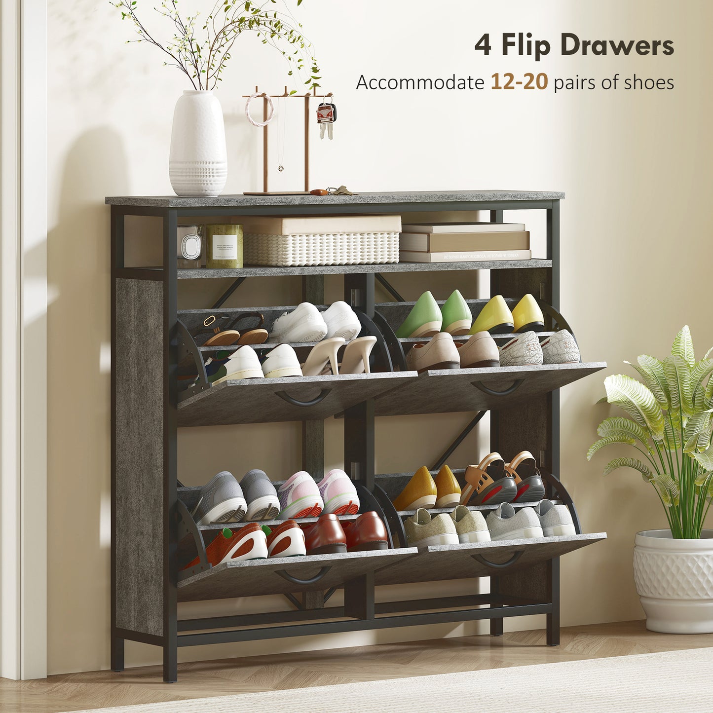 HOMCOM Cement Grey Shoe Storage Cabinet With Four Flip Drawers And Open Shelf For Industrial Entryway Organization