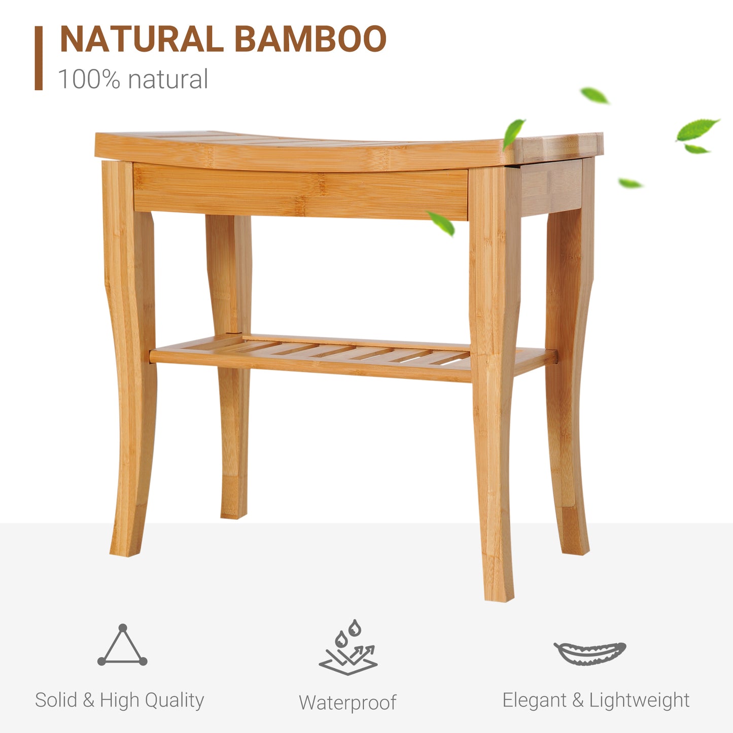 HOMCOM 45cm 2 Tier Slatted Shower Bench With 4 Legs Safe Comfortable Bathroom Stool Spa Organiser