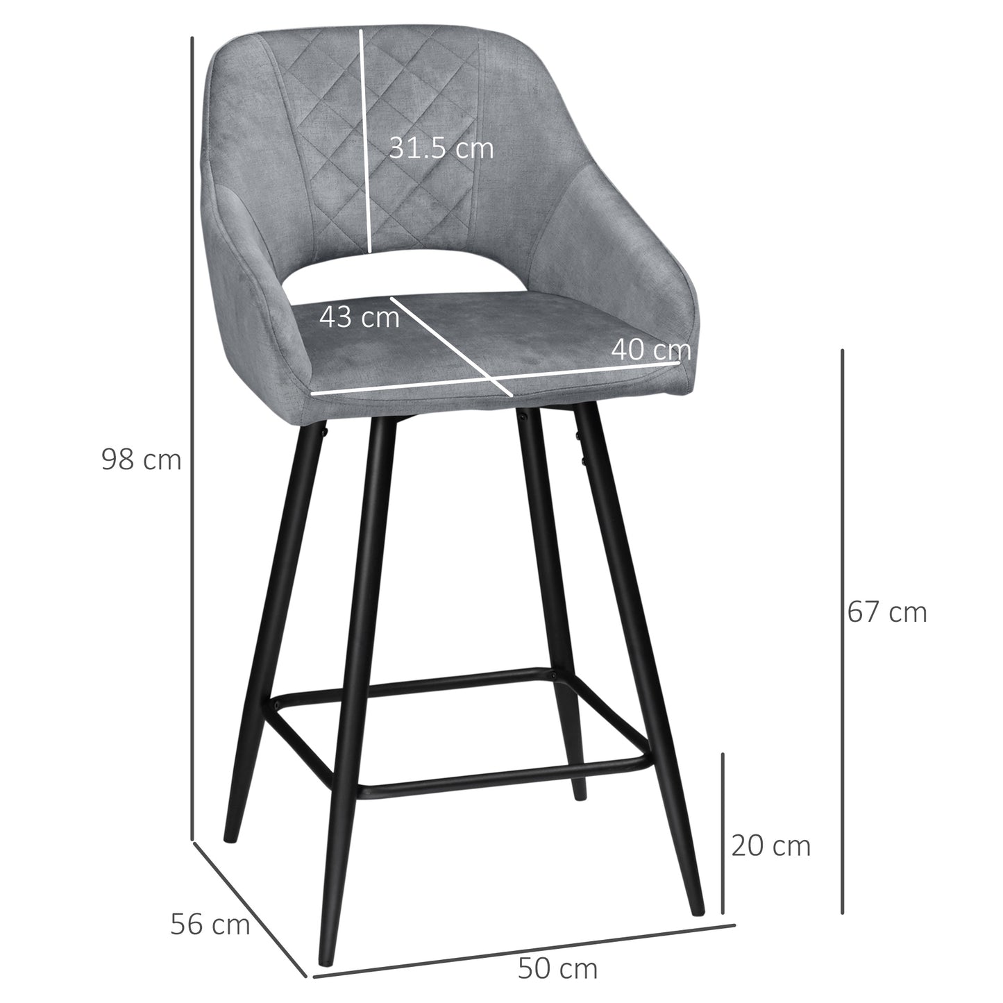 HOMCOM Bar Stools Set Of 2 Velvet Touch Fabric Counter Height Chairs With Steel Legs For Dining Area Kitchen Island Grey