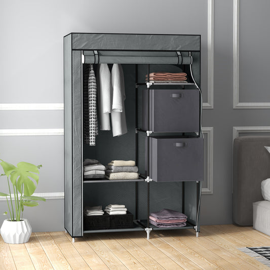 HOMCOM Fabric Wardrobe Portable Clothes Storage With 5 Compartments Hanging Rail And 2 Fabric Drawers Dark Grey