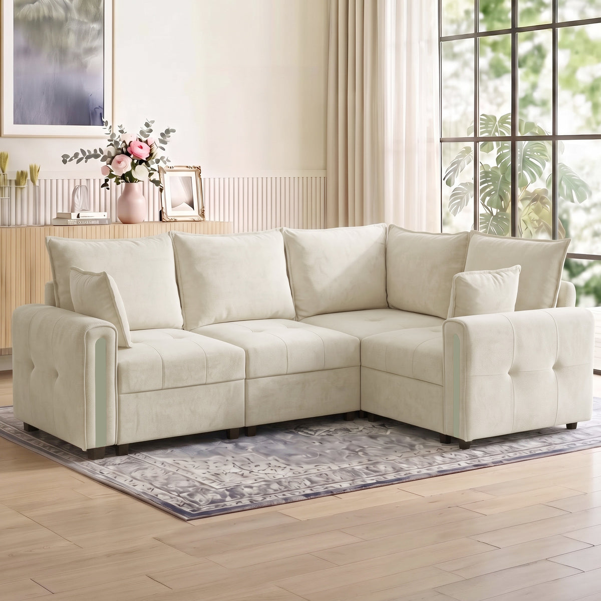 Beige L-shaped sectional sofa with tufted arms and multiple back cushions