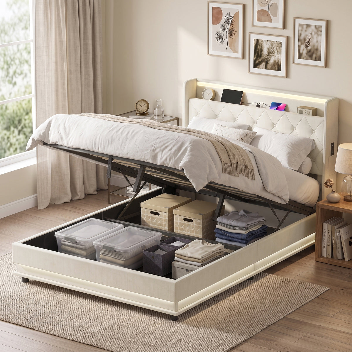 Homcom 4ft6 Double Bed Frame With Hydraulic Storage Led Lights Charging Cream