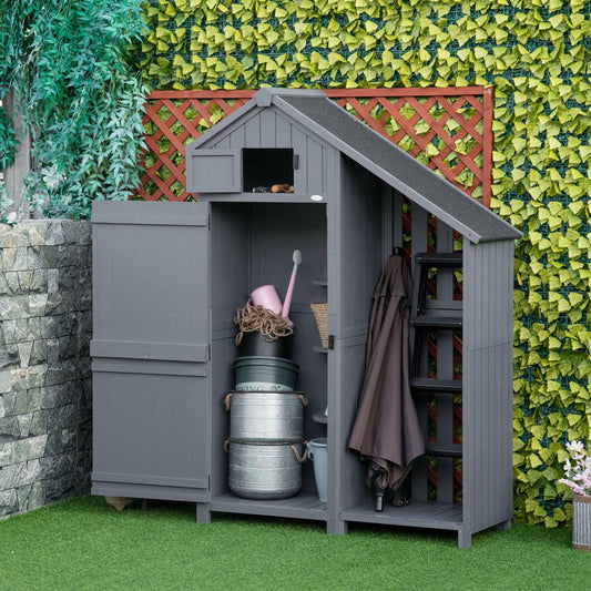 HOMCOM Garden Outdoor Wooden Tool Storage Shed With 3 Shelves, Firewood Rack, Grey - ALL4U RETAILER LTD