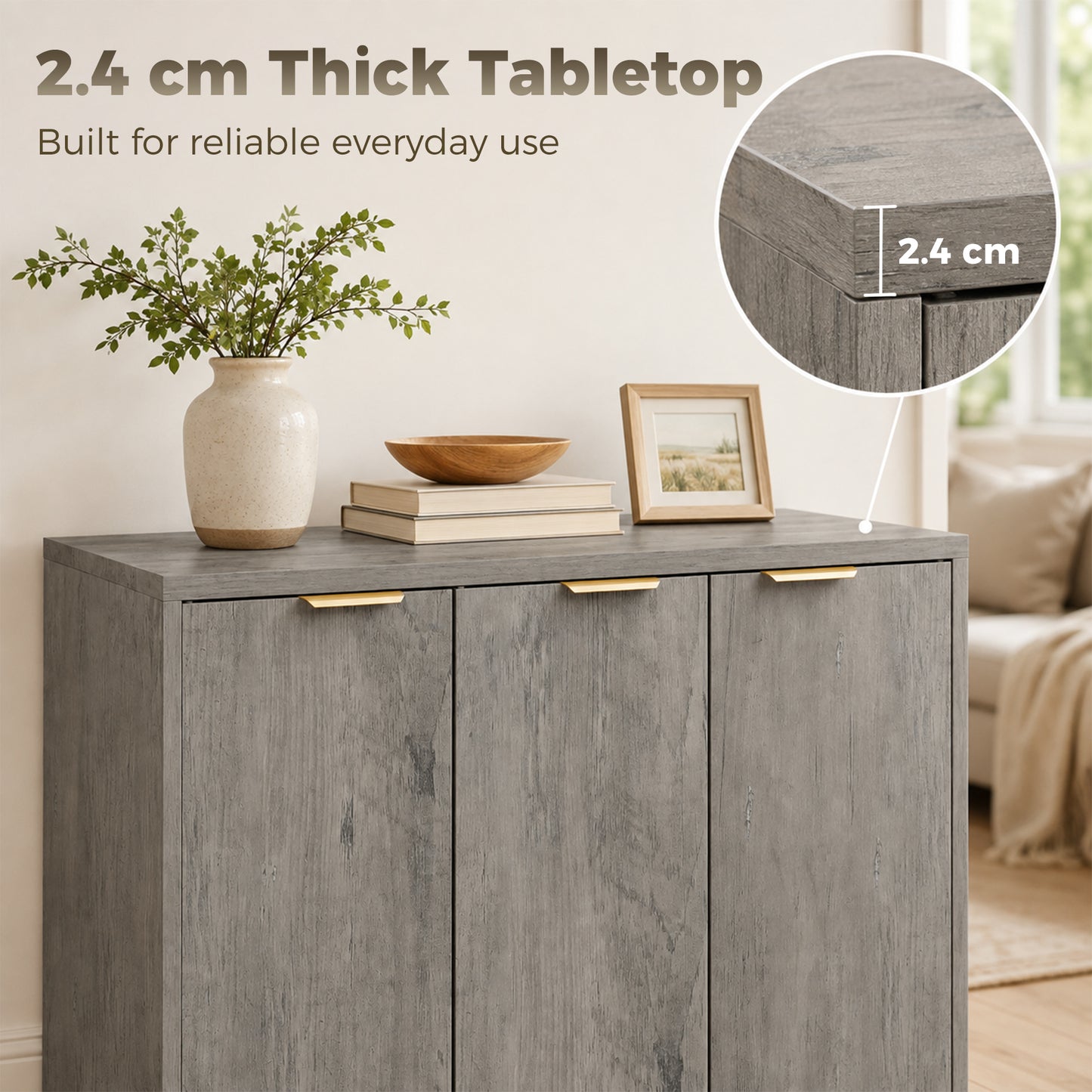 Homcom Sideboard Storage Cabinet With 3 Doors Adjustable Shelves Grey