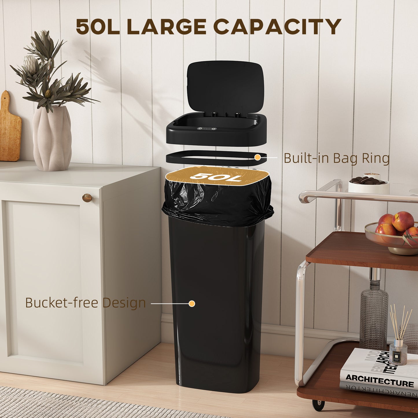 HOMCOM 50L Stainless Steel Sensor Bin Black With Auto Open Lid And Manual Stay Open