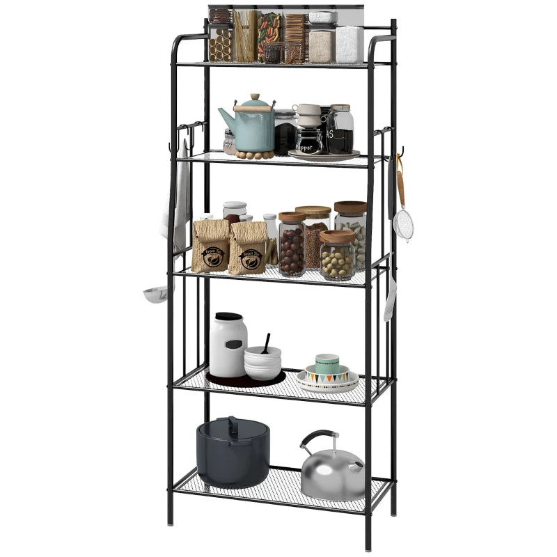 HOMCOM Five-Tier Black Steel Frame Kitchen Storage Shelving Unit with Adjustable Shelves - ALL4U RETAILER LTD