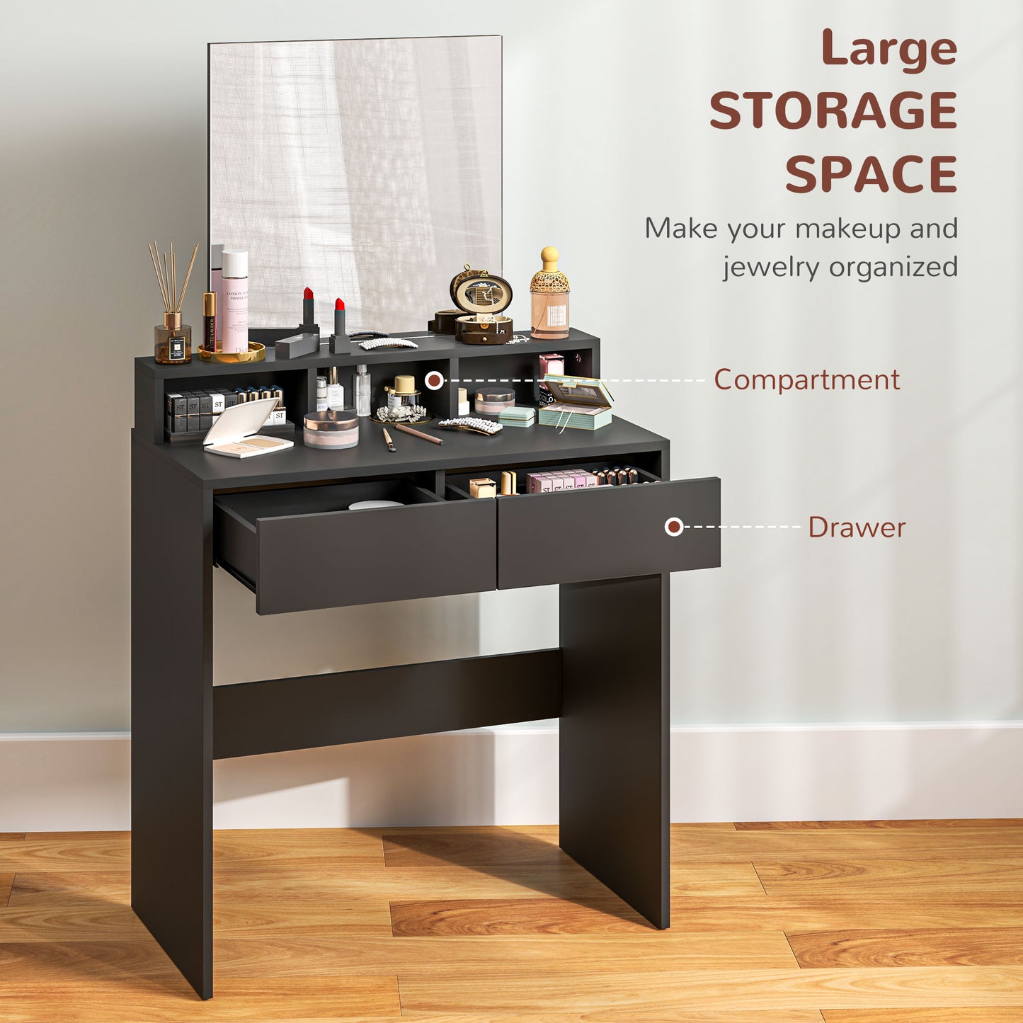 HOMCOM Multi Storage Vanity Dressing Table With Mirror And Drawers In Black With Three Shelves And Anti Tipping Straps