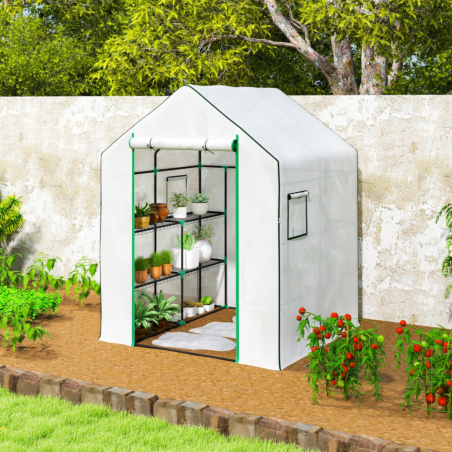 Outsunny Walk In Plastic Greenhouse 143x140 cm With Four Shelves On Each Side Roll Up Door UV Resistant Cover White