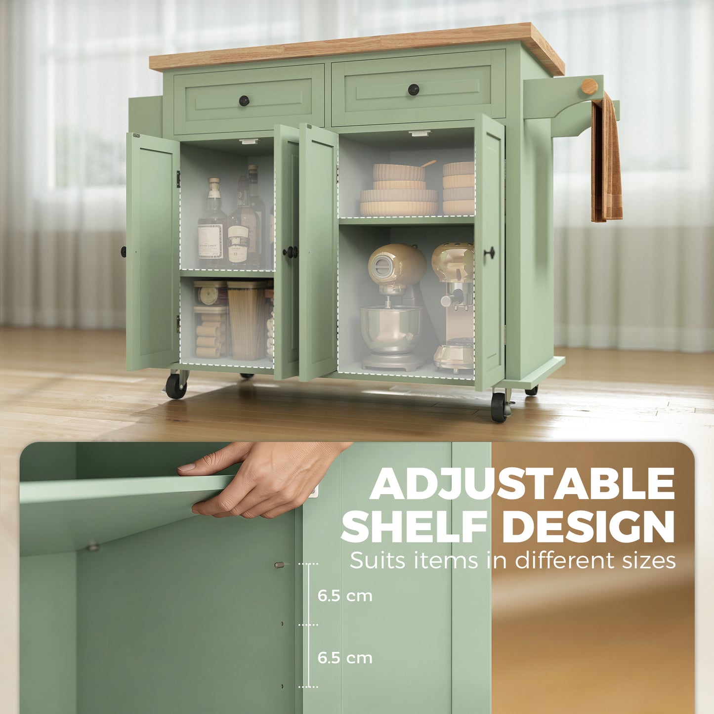 Homcom Rolling Kitchen Island Storage Cart With Rubber Wood Top Light Green