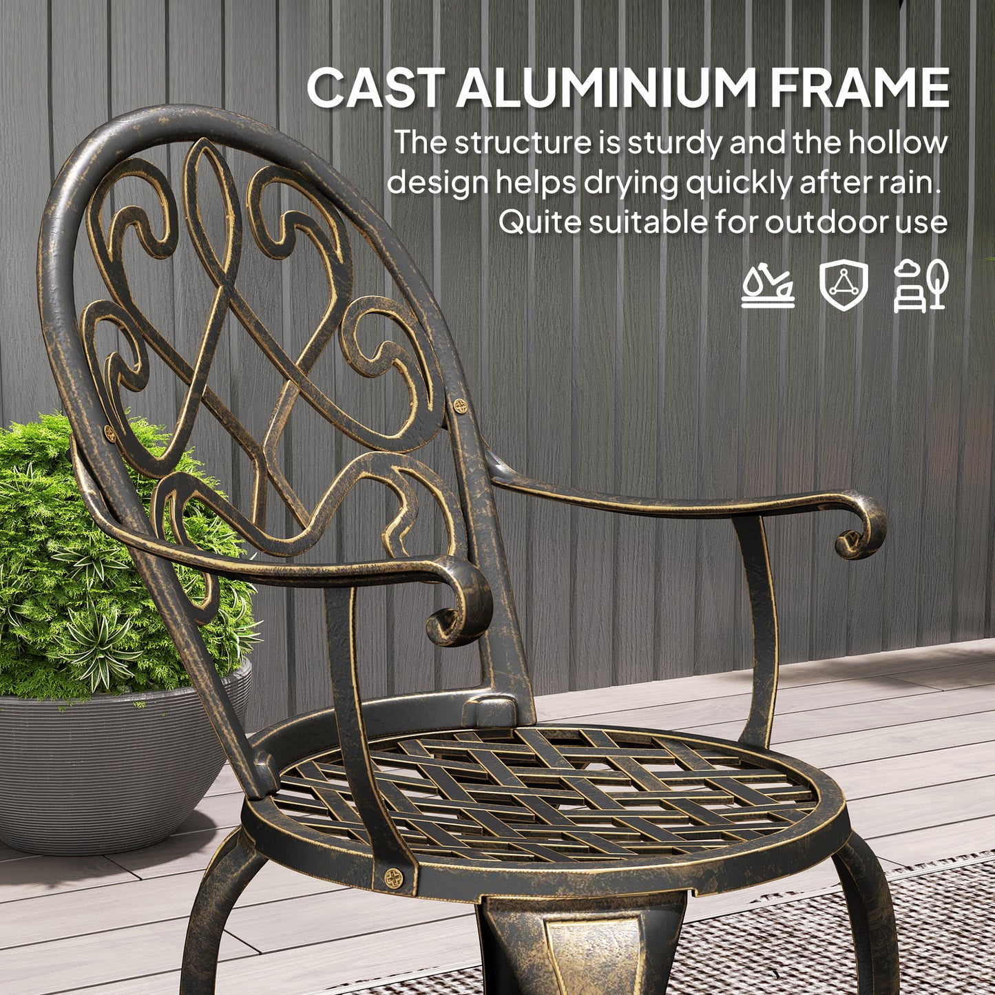 Outsunny Three Piece Aluminium Garden Bistro Set with Round Table and Two Chairs Bronze Tone Outdoor Furniture