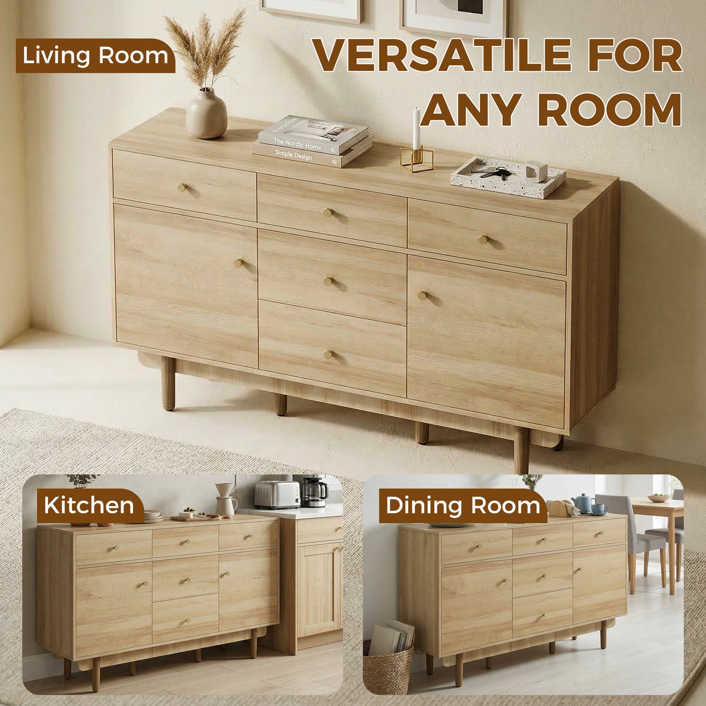HOMCOM Walnut Sideboard With Five Drawers And Two Cabinets Solid Wood Legs 136 cm Buffet
