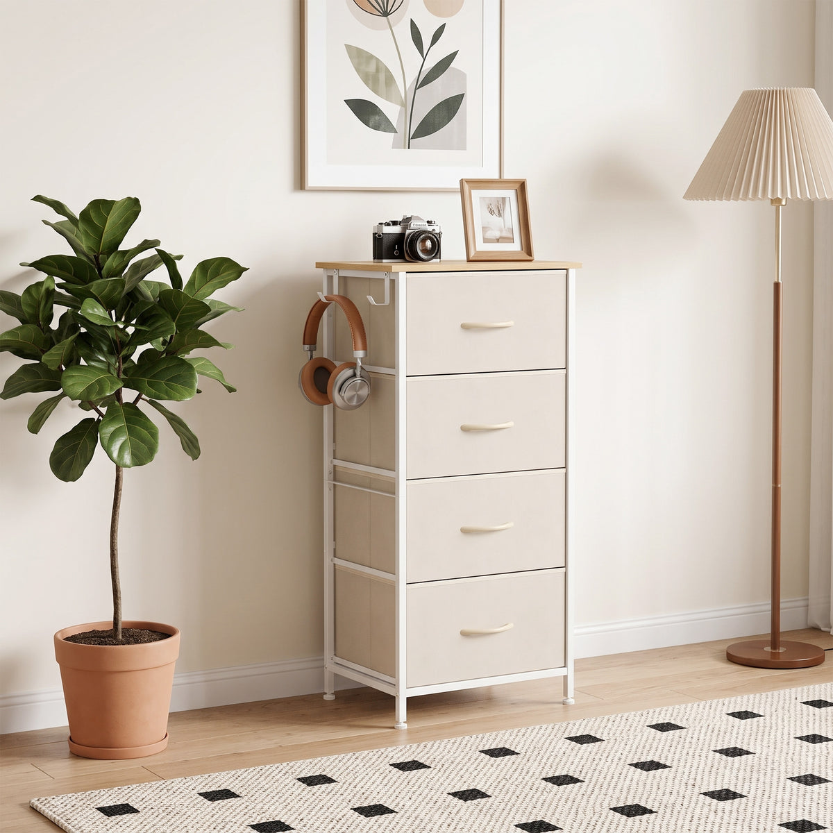 Homcom 4 Drawers Fabric Chest Of Drawers With Steel Frame And Hooks Beige