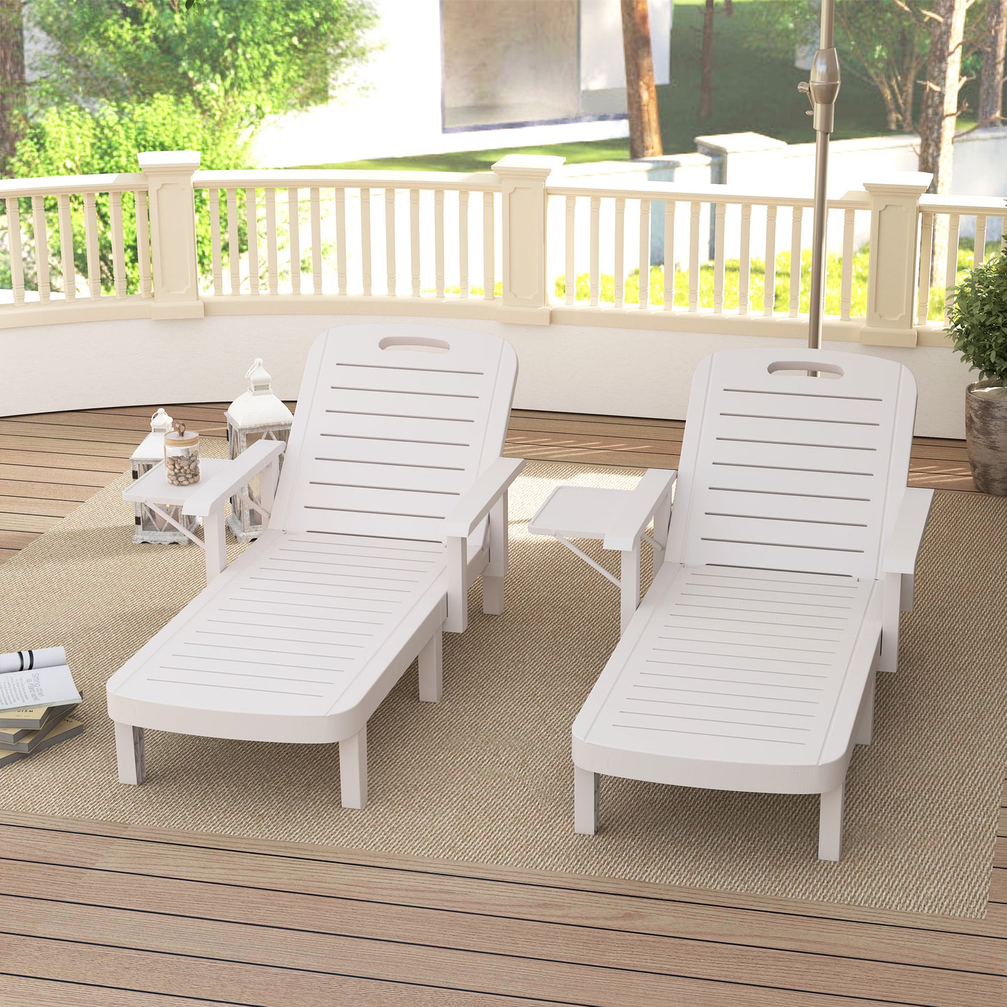 Outsunny Set Of 2 Resin Sun Loungers For Garden With Wood Grain Surface Armrests And Foldable Side Table White