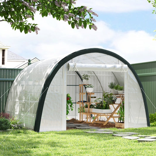 Outsunny 4x3m Walk In Polytunnel Greenhouse With Accessories Galvanized Steel Frame Two Layer Mesh Cover White