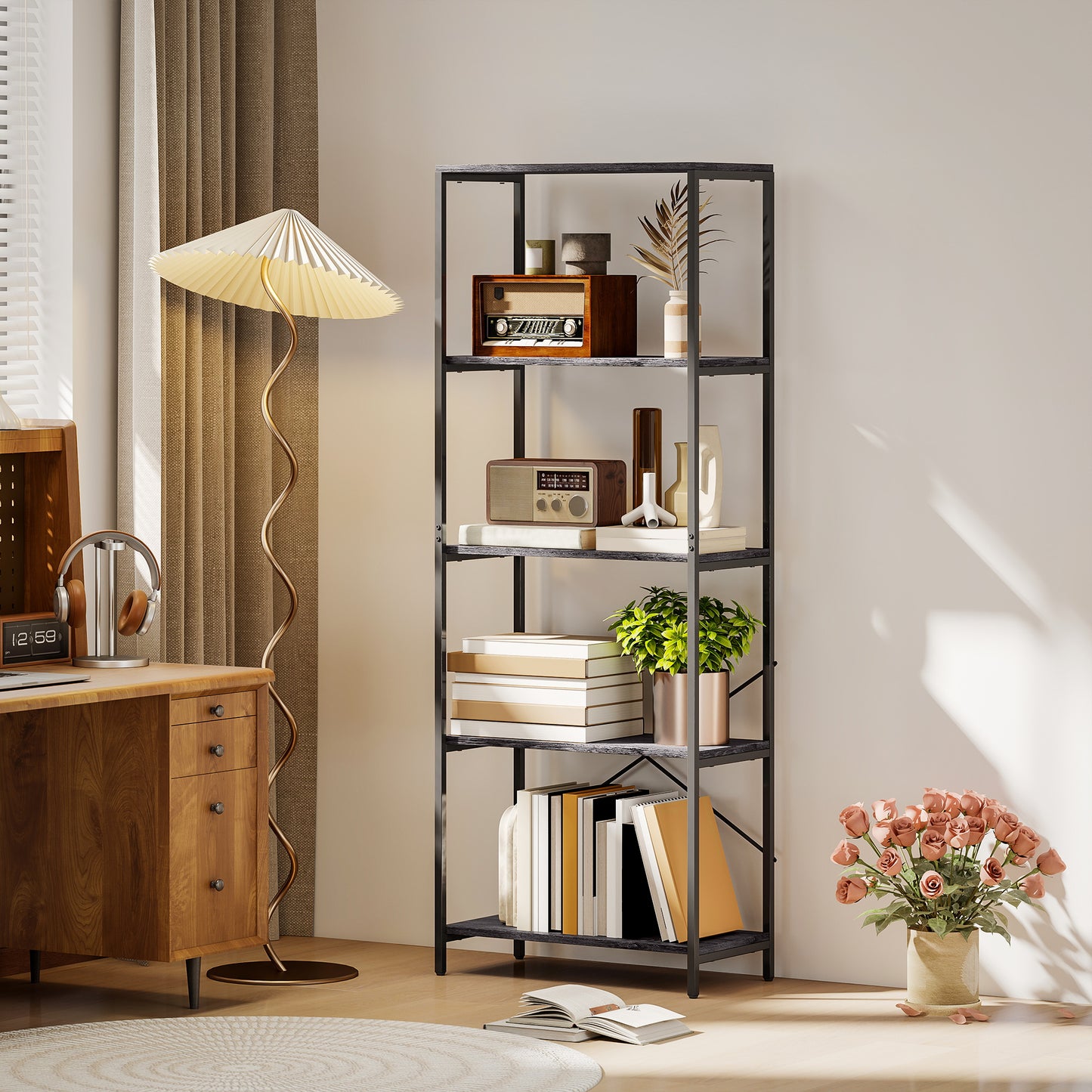 HOMCOM 5 Tier Bookshelf Industrial Bookcase With Metal Frame Black And Dark Wood Effect