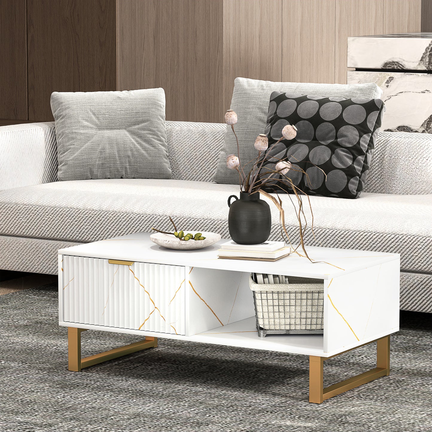HOMCOM Marble Effect Storage Coffee Table White With Drawer And Shelves Steel Legs Modern Living Room