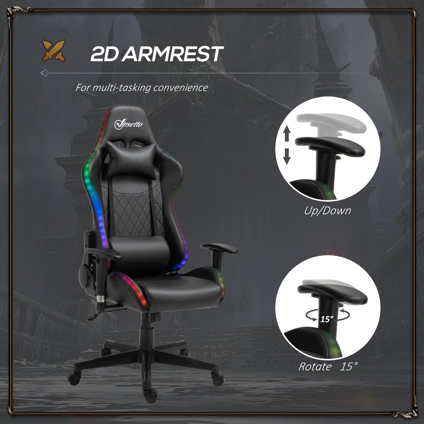 Vinsetto RGB LED Gaming Office Chair with Adjustable Height, 2D Armrests, and Lumbar Support for Ultimate Comfort - ALL4U RETAILER LTD